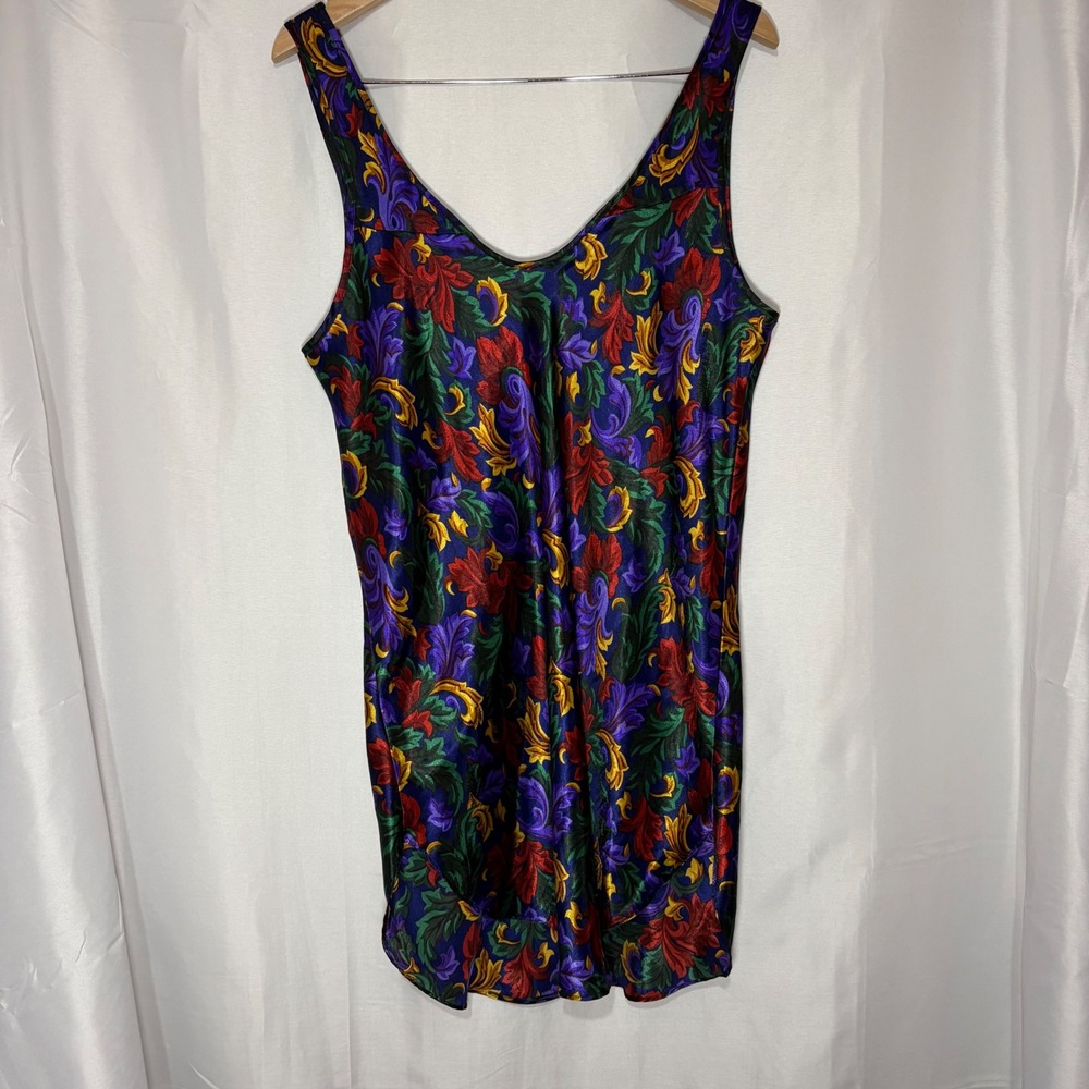 Vintage 80s 90s Cinema Etoile Jewel Tone Baroque Floral Satin Nightgown Chemise